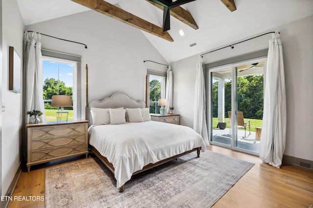 1014 High Springs Rd, Knoxville, TN 37932 - bedroom featuring access to outside, beam ceiling, wood finished floors, high vaulted ceiling, and ceiling fan