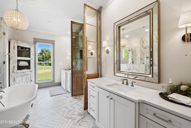 1014 High Springs Rd, Knoxville, TN 37932 - bathroom with a freestanding tub, vanity, and a marble finish shower