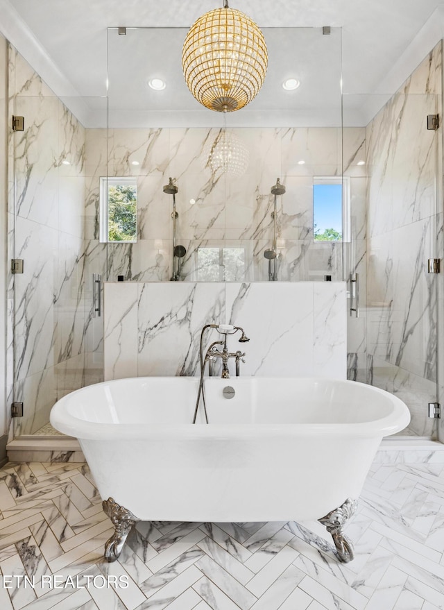 1014 High Springs Rd, Knoxville, TN 37932 - bathroom featuring marble tiled floors, plenty of natural light, a marble finish shower, recessed lighting, and a freestanding bath