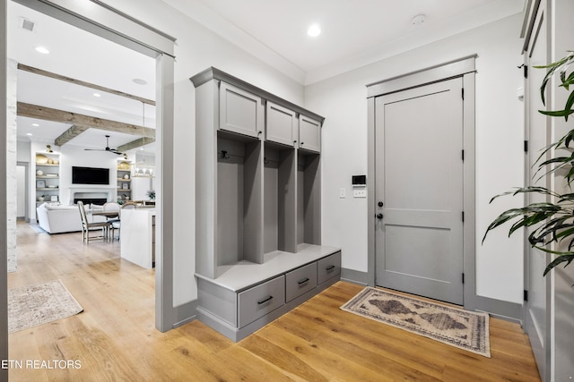 1014 High Springs Rd, Knoxville, TN 37932 - mudroom featuring light wood-style floors, beamed ceiling, and recessed lighting