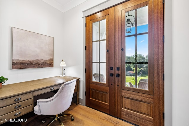 1014 High Springs Rd, Knoxville, TN 37932 - home office featuring built in study area, light wood-style floors, and french doors