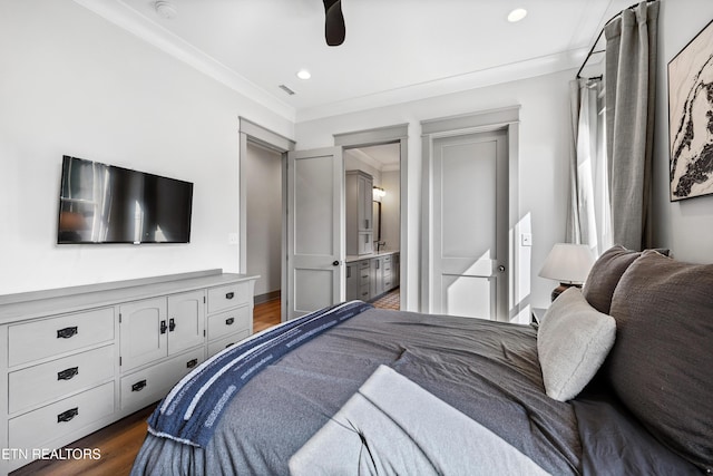 1014 High Springs Rd, Knoxville, TN 37932 - bedroom featuring dark wood-style flooring, ornamental molding, connected bathroom, recessed lighting, and a ceiling fan