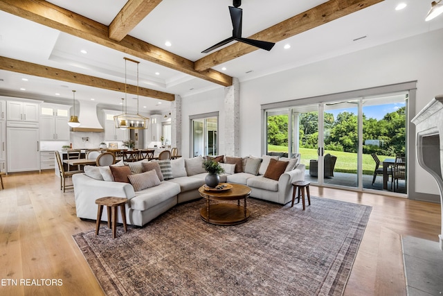 1014 High Springs Rd, Knoxville, TN 37932 - living room featuring beam ceiling, recessed lighting, light wood finished floors, a ceiling fan, and a high ceiling