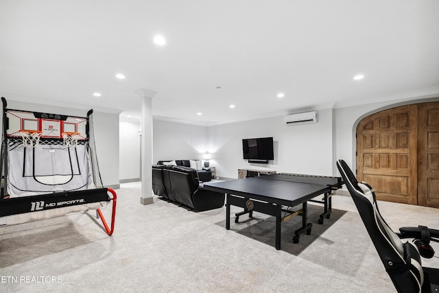 1014 High Springs Rd, Knoxville, TN 37932 - recreation room featuring carpet flooring, a wall unit AC, crown molding, recessed lighting, and arched walkways