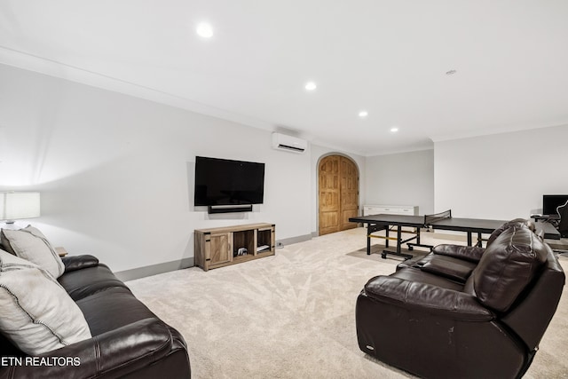 1014 High Springs Rd, Knoxville, TN 37932 - living area with a wall mounted air conditioner, arched walkways, light colored carpet, recessed lighting, and crown molding