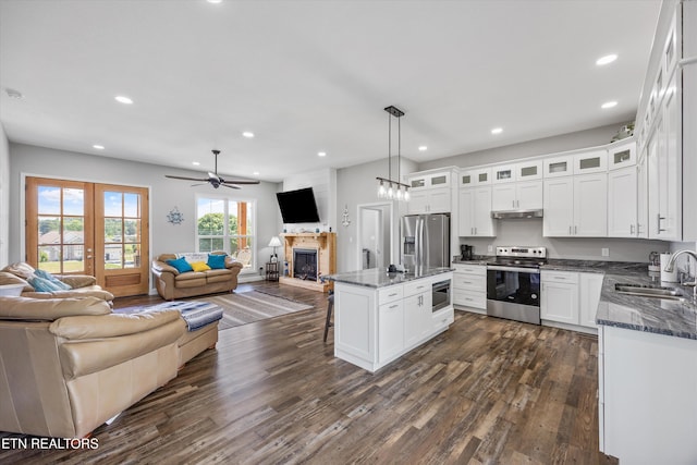 487 Peninsula, Rutledge, TN 37861 - kitchen with appliances with stainless steel finishes, open floor plan, a fireplace with raised hearth, dark wood-style floors, and recessed lighting