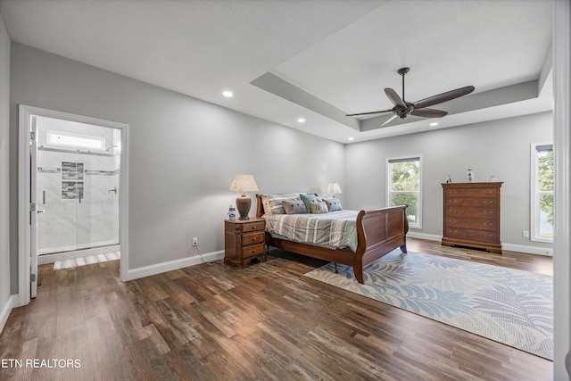 487 Peninsula, Rutledge, TN 37861 - bedroom with dark wood-style flooring, a raised ceiling, ceiling fan, recessed lighting, and ensuite bathroom