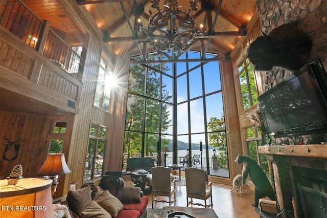 311 Deerwood Ln, Lafollette, TN 37766 - living room with high vaulted ceiling, wood finished floors, a wood ceiling with exposed beams, a fireplace, and wood walls