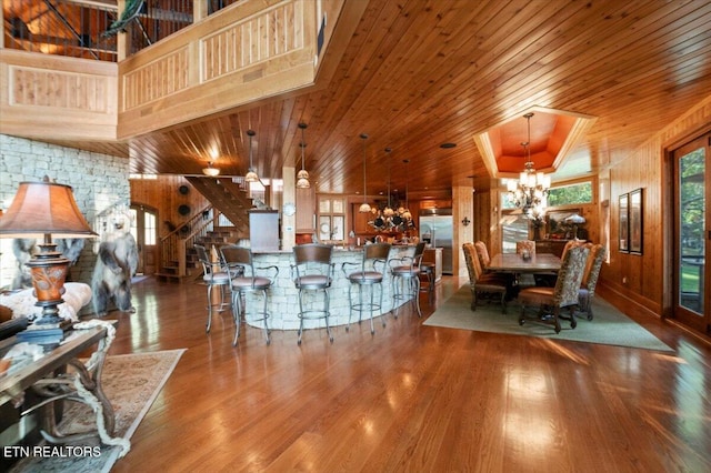311 Deerwood Ln, Lafollette, TN 37766 - dining room with a chandelier, wooden ceiling, wood finished floors, and wooden walls
