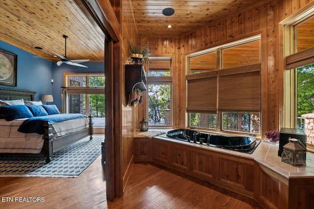 311 Deerwood Ln, Lafollette, TN 37766 - bathroom featuring wooden ceiling, a ceiling fan, wood finished floors, and wood walls