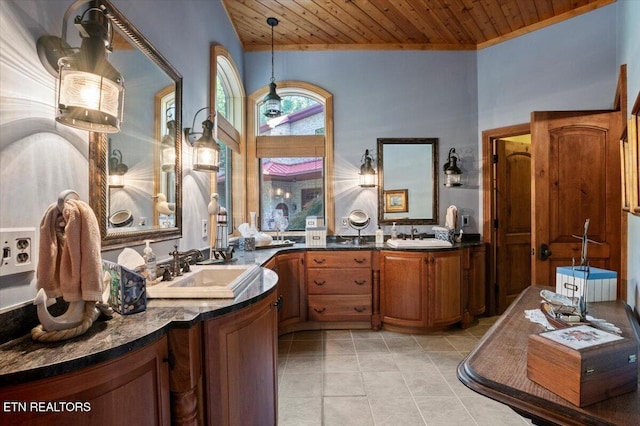 311 Deerwood Ln, Lafollette, TN 37766 - full bathroom featuring wooden ceiling, tile patterned flooring, vanity, and a high ceiling