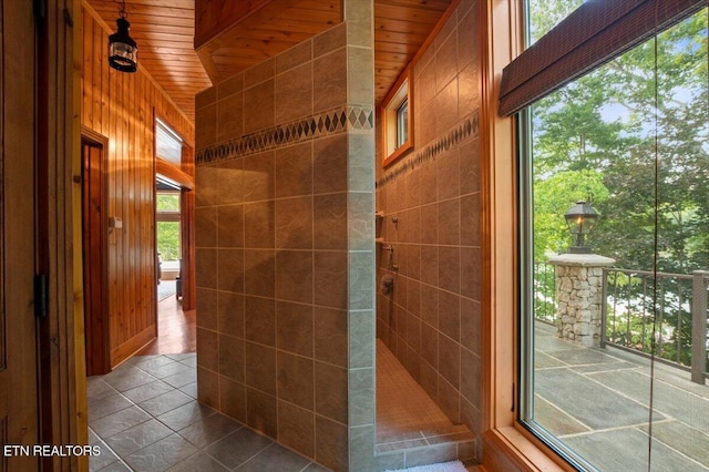 311 Deerwood Ln, Lafollette, TN 37766 - bathroom with wooden ceiling, a walk in shower, and wooden walls