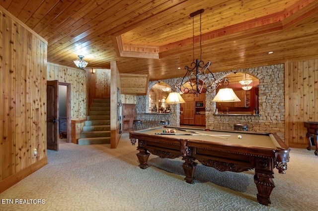 311 Deerwood Ln, Lafollette, TN 37766 - rec room featuring wood ceiling, carpet flooring, pool table, wooden walls, and a chandelier