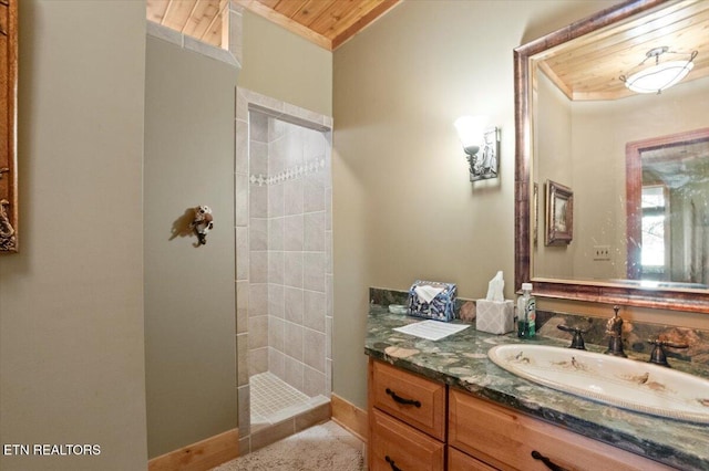 311 Deerwood Ln, Lafollette, TN 37766 - bathroom with a walk in shower, vanity, and wood ceiling