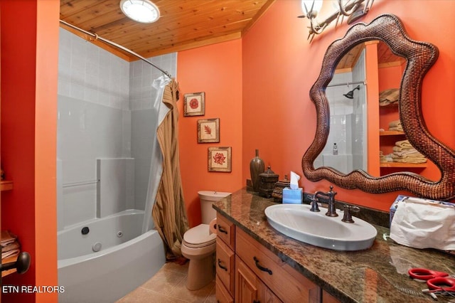 311 Deerwood Ln, Lafollette, TN 37766 - full bath featuring shower / tub combo with curtain, vanity, tile patterned flooring, and wooden ceiling