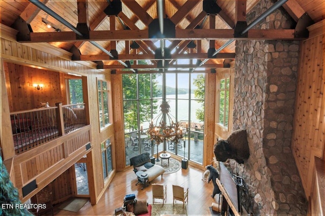 311 Deerwood Ln, Lafollette, TN 37766 - living room featuring wood finished floors, a water view, wood ceiling, a chandelier, and wooden walls