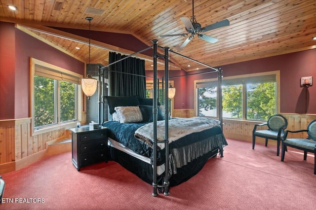 311 Deerwood Ln, Lafollette, TN 37766 - carpeted bedroom with wainscoting, lofted ceiling, wood ceiling, and wood walls