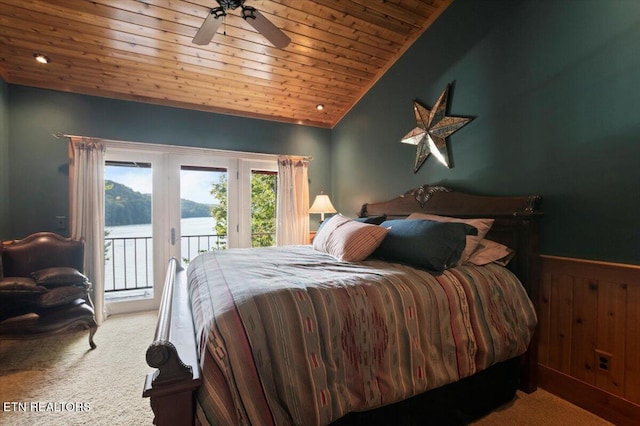 311 Deerwood Ln, Lafollette, TN 37766 - bedroom with carpet, access to exterior, wooden ceiling, vaulted ceiling, and wainscoting