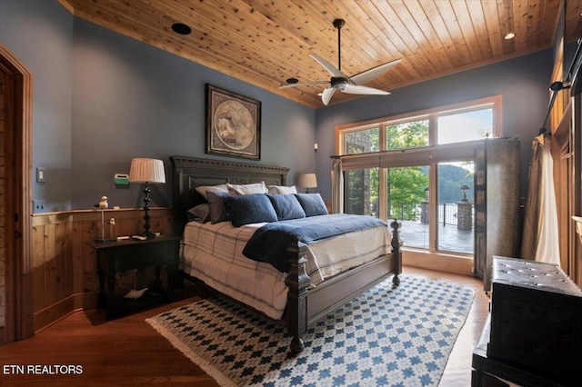 311 Deerwood Ln, Lafollette, TN 37766 - bedroom featuring wood ceiling, wood finished floors, a wainscoted wall, a ceiling fan, and access to outside