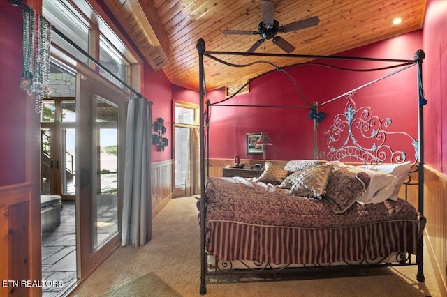 311 Deerwood Ln, Lafollette, TN 37766 - bedroom featuring wood ceiling, wainscoting, carpet floors, and vaulted ceiling