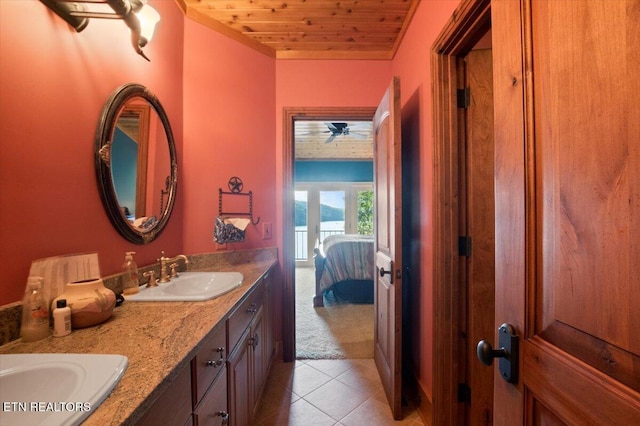 311 Deerwood Ln, Lafollette, TN 37766 - full bathroom with wood ceiling, double vanity, tile patterned floors, and connected bathroom