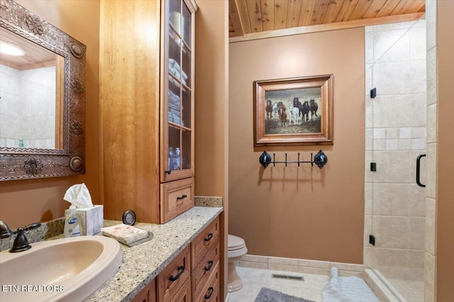 311 Deerwood Ln, Lafollette, TN 37766 - full bathroom with tile patterned floors, a shower stall, vanity, and wood ceiling