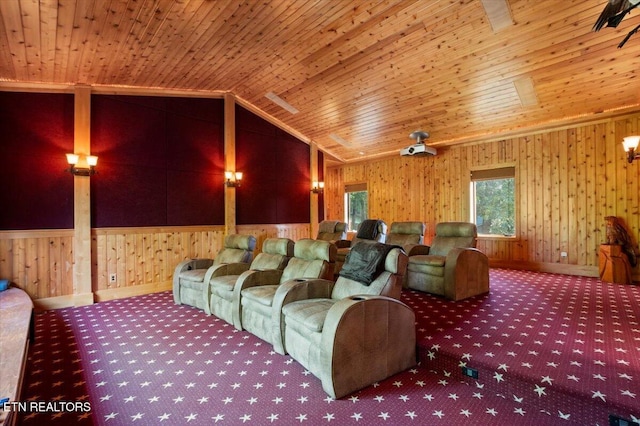 311 Deerwood Ln, Lafollette, TN 37766 - carpeted cinema with wood walls, vaulted ceiling, and wood ceiling