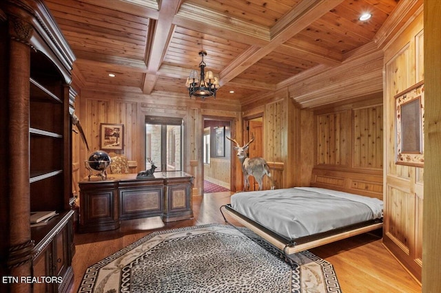311 Deerwood Ln, Lafollette, TN 37766 - bedroom with a wood ceiling with exposed beams, wooden walls, a chandelier, wood finished floors, and ornamental molding