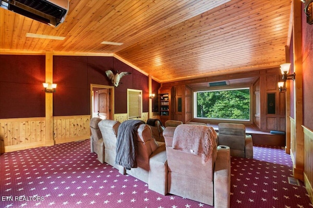 311 Deerwood Ln, Lafollette, TN 37766 - cinema featuring carpet, wood ceiling, wood walls, vaulted ceiling, and a wainscoted wall