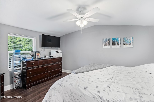 121 N Niota Rd, Englewood, TN 37329 - bedroom with dark wood-style floors, lofted ceiling, and a ceiling fan