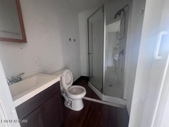 114 Red Cedar Rd, Lafollette, TN 37766 - bathroom with vanity, a shower stall, and wood finished floors