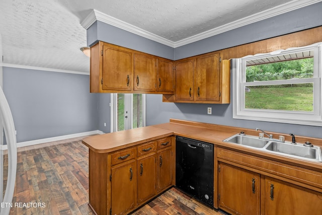 221 Greer Ln, Tazewell, TN 37879 - kitchen with dishwasher, brown cabinets, a peninsula, dark wood-style floors, and light countertops