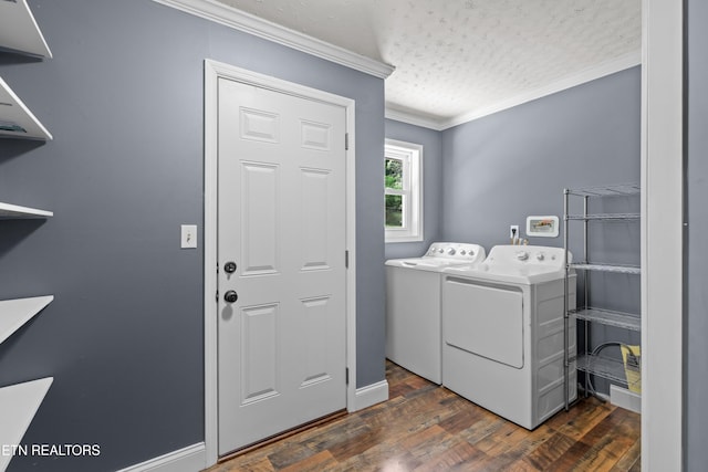 221 Greer Ln, Tazewell, TN 37879 - laundry area featuring crown molding, washing machine and dryer, dark wood-type flooring, and a textured ceiling