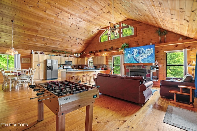 1130 Sharp Rd, Sevierville, TN 37876 - playroom featuring high vaulted ceiling, ceiling fan, wooden walls, light wood-style flooring, and wooden ceiling