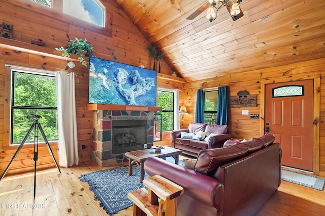 1130 Sharp Rd, Sevierville, TN 37876 - living room with plenty of natural light, hardwood / wood-style flooring, wood ceiling, wooden walls, and a fireplace