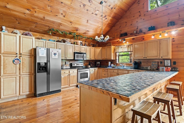1130 Sharp Rd, Sevierville, TN 37876 - kitchen with stainless steel appliances, light wood-style flooring, wood walls, wooden ceiling, and high vaulted ceiling