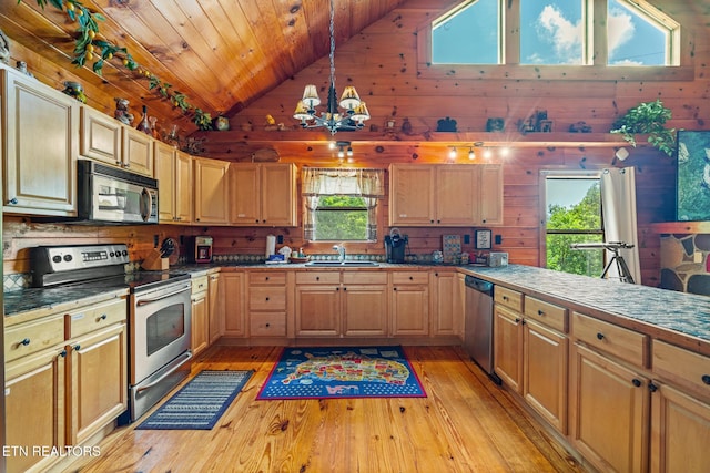 1130 Sharp Rd, Sevierville, TN 37876 - kitchen featuring stainless steel appliances, wood ceiling, light wood finished floors, high vaulted ceiling, and a chandelier