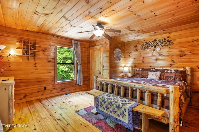 1130 Sharp Rd, Sevierville, TN 37876 - bedroom featuring wood ceiling, hardwood / wood-style floors, wooden walls, and a ceiling fan