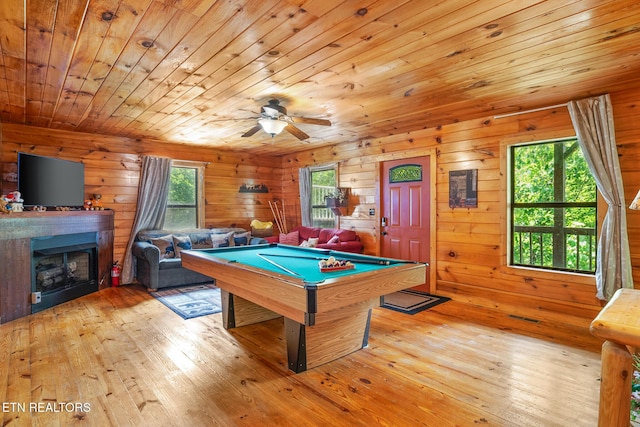 1130 Sharp Rd, Sevierville, TN 37876 - playroom with pool table, wooden ceiling, hardwood / wood-style floors, ceiling fan, and wooden walls