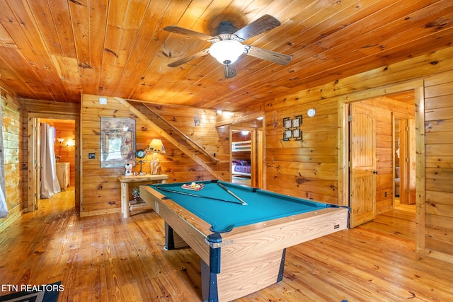 1130 Sharp Rd, Sevierville, TN 37876 - playroom with wooden ceiling, wood walls, wood-type flooring, billiards table, and ceiling fan