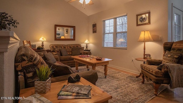 537 Johnson Ln Unit 1 & 2, Gatlinburg, TN 37738 - living room with vaulted ceiling, ceiling fan, and wood finished floors