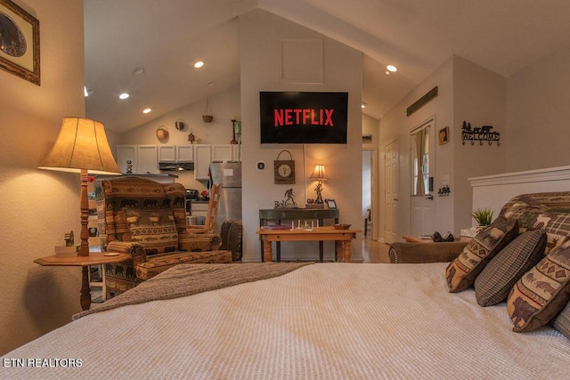 537 Johnson Ln Unit 1 & 2, Gatlinburg, TN 37738 - bedroom with freestanding refrigerator, recessed lighting, high vaulted ceiling, and a closet