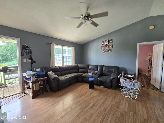 855 N Ridgecrest Rd, Luttrell, TN 37779 - living room featuring lofted ceiling, wood finished floors, and a ceiling fan