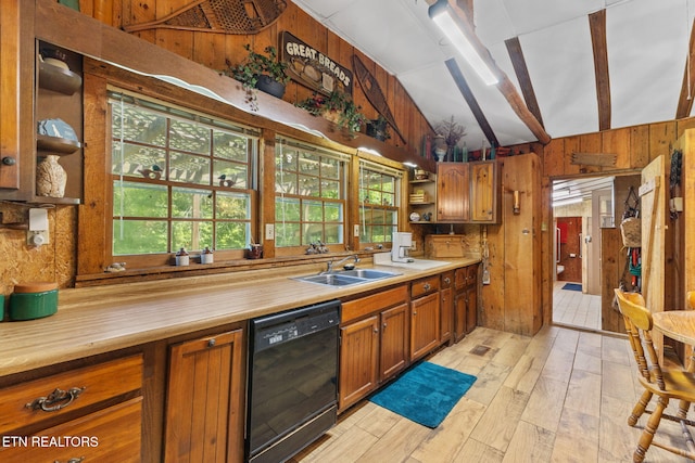 2255 Citico Rd, Vonore, TN 37885 - kitchen with dishwasher, wood walls, vaulted ceiling, brown cabinets, and open shelves