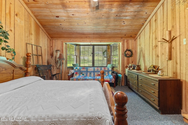2255 Citico Rd, Vonore, TN 37885 - bedroom featuring wood ceiling, carpet flooring, and wooden walls