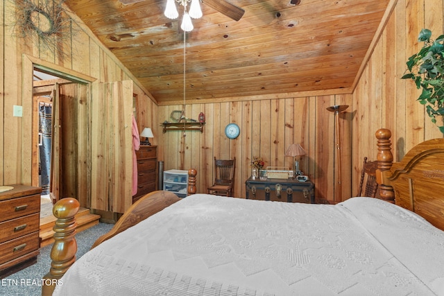 2255 Citico Rd, Vonore, TN 37885 - bedroom featuring wood walls, wooden ceiling, lofted ceiling, and carpet