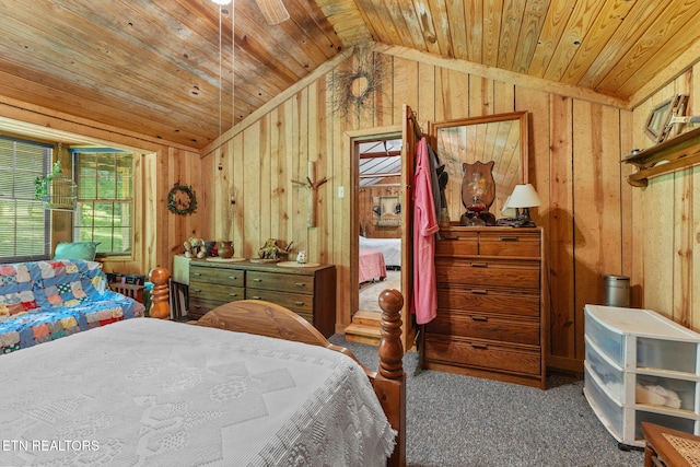 2255 Citico Rd, Vonore, TN 37885 - carpeted bedroom with vaulted ceiling, wooden walls, and wood ceiling