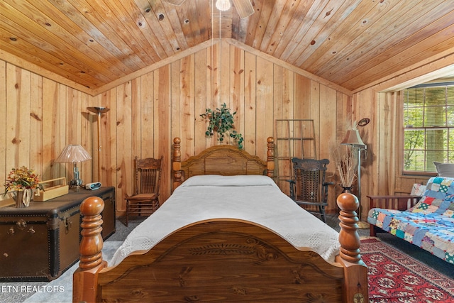 2255 Citico Rd, Vonore, TN 37885 - carpeted bedroom with lofted ceiling, wooden walls, and wooden ceiling