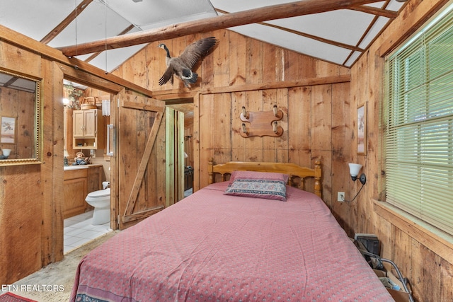 2255 Citico Rd, Vonore, TN 37885 - tiled bedroom featuring wooden walls and high vaulted ceiling
