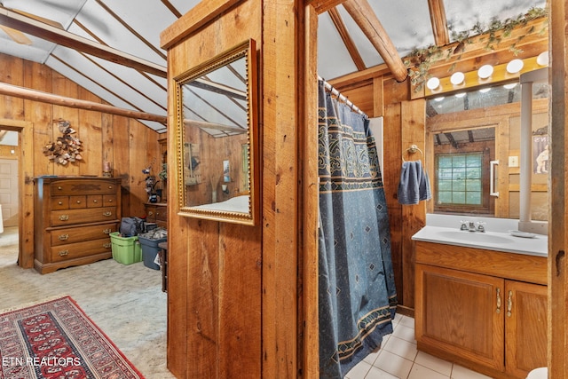 2255 Citico Rd, Vonore, TN 37885 - full bath with lofted ceiling, vanity, wood walls, and a shower with shower curtain